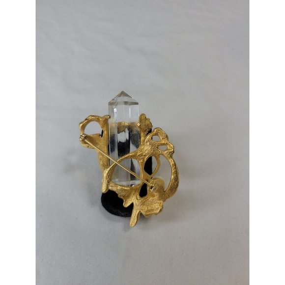 A.J.C. Lucite Brushed Gold Tone Rhinestone Faux Pearl Brooch - Picture 2 of 8